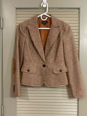 BeBe Tan Brown Tweed Single-Button Blazer with Elbow Patches
